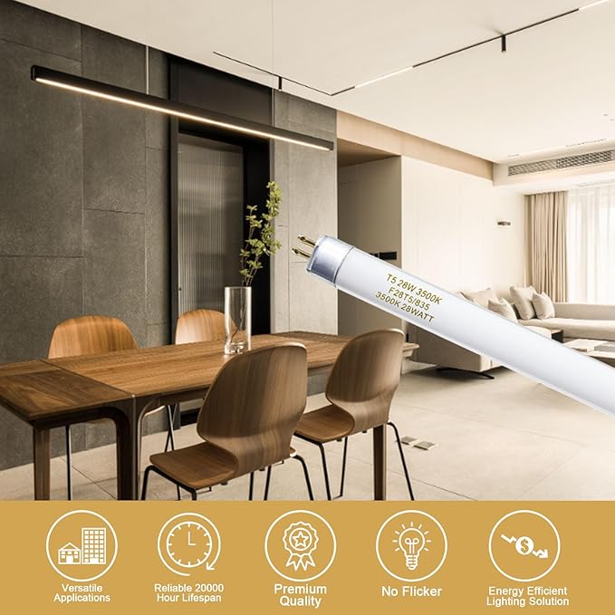 T5 28 Watts Fluorescent Light Bulb, 46 Inch T5 Fluoerscent Tube Compatible with Philips F28T5/835/ALTO, Sylvania FP28/835/ECO, 3500K Soft White Mini Bi-Pin Base G5, 2800 Lumens CRI 85 25 Pack