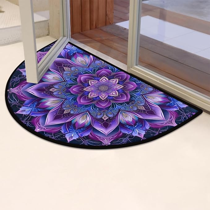 cfpolar Beautiful Mandala Blue Flowers Half Round Semicircle Mat, Non Slip Soft Area Rug for Front Door Indoor Entrance Wear Resistant Welcome Mat for Garage Patio Home Decor 24 x 36 in