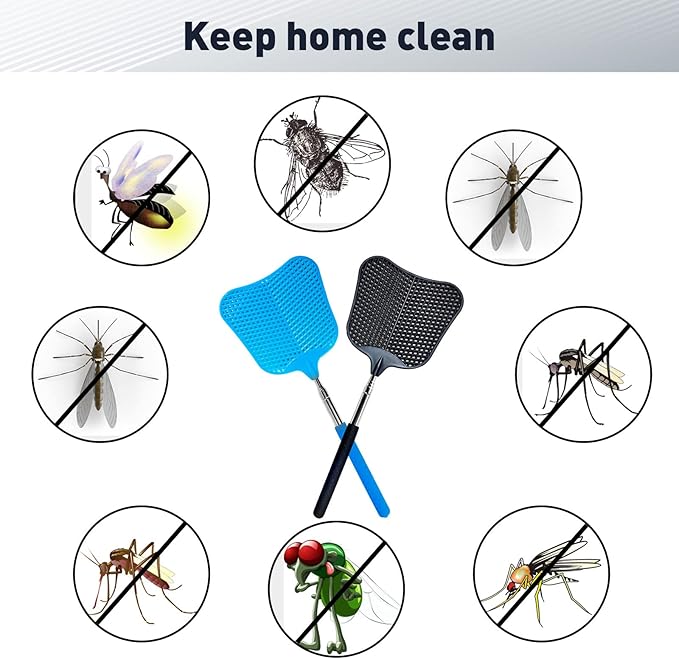 Fly Swatter, Flexible and Durable Telescopic Stainless Steel Retractable Handle ，Manual Fly swatters for Home,Garden,Classroom and Office (2Pcs Black& Blue)