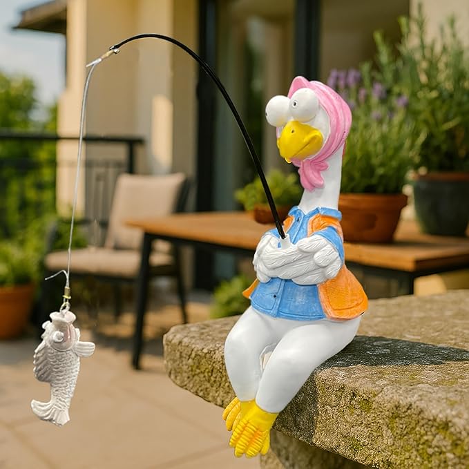 Chicken Fishing Statue Garden Decor – 9.8" Weatherproof Resin Chicken Fishing Sculpture Decor for Fish Ponds, Koi Ponds, Waterfalls, Poolside/Outdoor Gardens– Resin Figurine for Indoor/Outdoor Décor