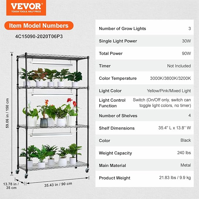 VEVOR Plant Stand with Grow Light, 4 Tier Plant Shelf with 90W Grow Light for Indoor Plants, 3 Modes Grow Light Shelf Full Spectrum Lights Adjustable Metal Plant Stand for Seed Starting