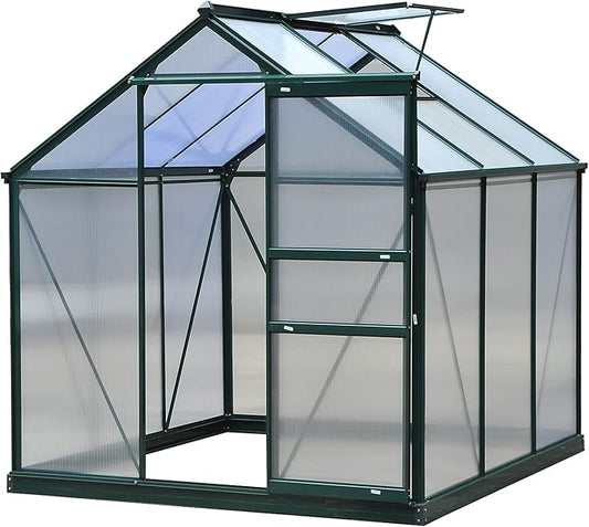 Outsunny 6' x 6' Greenhouse for Outdoors, Polycarbonate Greenhouse with Rain Gutter and Roof Vent, Aluminum Walk-in Green Houses for Outside for Patio Backyard Garden, Dark Green