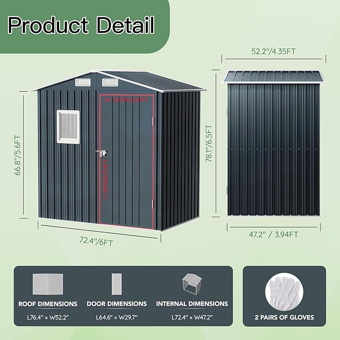 6X4X6.5 FT Compact Vertical Outdoor Steel Storage Shed with Lockable Doors, Ideal for Garden, Backyard, and Patio Utility and Small Tool Storage,Bike Shed, Garbage Can, Chicken Coop