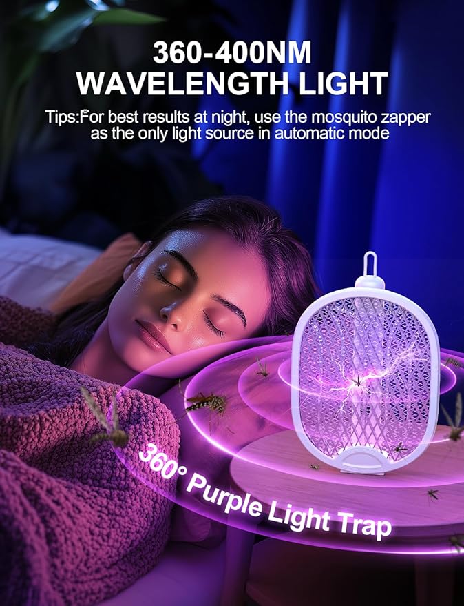 Electric Fly Swatter 3 in 1 Bug Zapper Racket with 4000V 1800mah Battery 5-Layer Safety Mesh 180° Foldable Electric Mosquito Swatter Suitable for Indoor or Outdoor