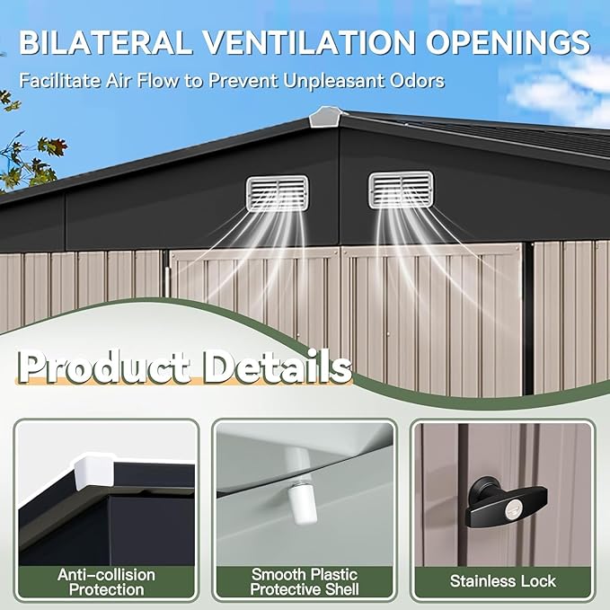 Aoxun 14x12 FT Shed Outdoor Storage Shed with Spacious and Tall Doors, Large Shed Steel Utility Tool Shed Storage House with Door & Lock, Metal Sheds with Sloped Roof for Garden Patio Poolside, Brown