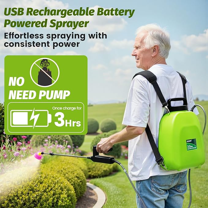 Battery Powered Backpack Sprayer 3 Gallon, Electric Lawn & Garden Sprayer with 4 Nozzles, 3 Modes, USB Rechargeable, Portable Yard Sprayer for Weed Killer, Fertilizer, Cleaning, Watering
