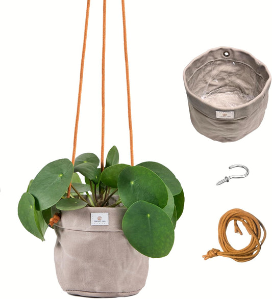 Large Waxed Canvas Handmade Hanging Planter for Indoor/Outdoor Plants, Hanging Basket Plant Holder Stone Gray with Hook