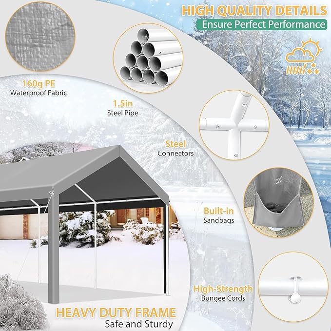 COBIZI Carport 10x20ft Heavy Duty Portable Garage, 2.0 Powder Coated Frame(Better Than Galvanized), Waterproof Shelter with Built-in Sandbags, for Car/Boat/SUV, Gray