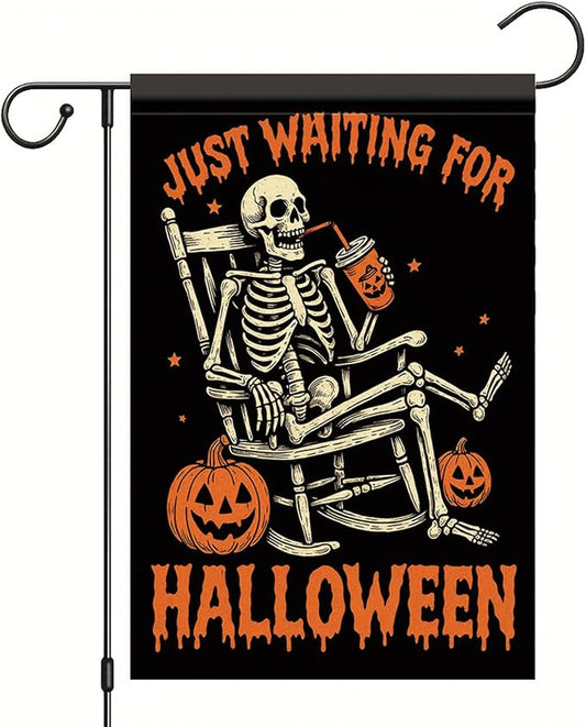 Halloween Garden Flag Skeleton Pumpkin Flag Just Waiting for Halloween 12x18 Inch Double Sided Outdoor Yard Banner for Trick or Treat Haunted House Spooky Decoration Decor