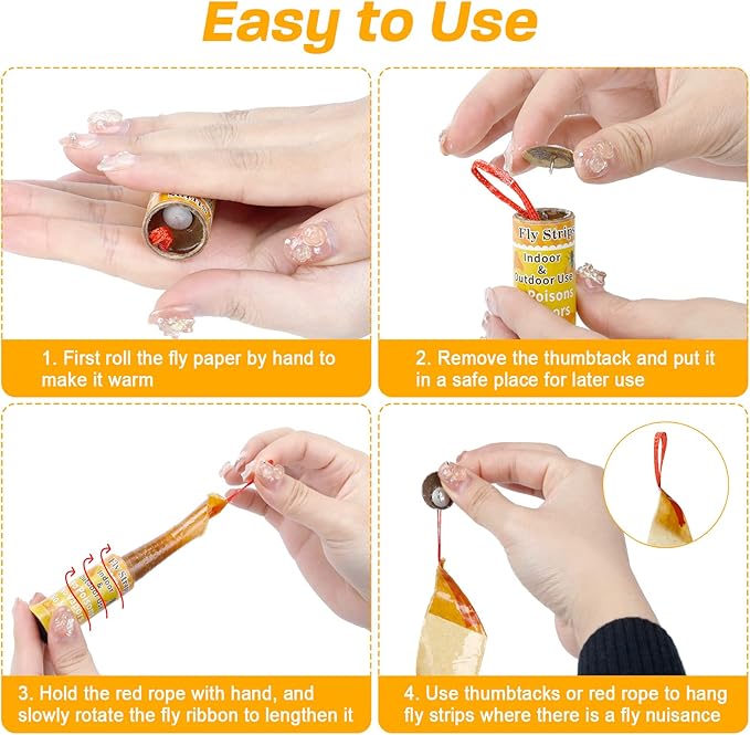 Glovv 24 Pack Sticky Fly Trap Indoor, Flies Strips Indoor Outdoor Hanging Paper Rolls for Home, Bug & Fruit Gnat Ribbons Tape Killer Catcher for Kitchen, Flying Insect Trap for Winged Insect, Mosquito