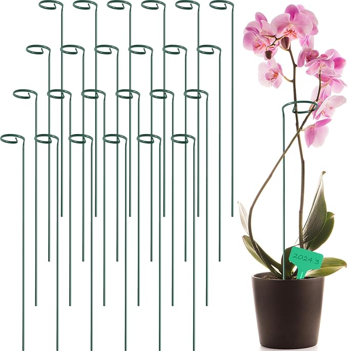 GROWNEER 24 Packs 24 Inches Plant Support Stakes, with 15 Pcs Plant Labels, Garden Single Stem Flower Support Stake, Plant Cage Support Rings for Flowers Amaryllis Orchid Peony Lily Rose