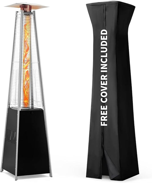 Pamapic Patio Heater with Cover, 48,000 BTU Pyramid Flame Outdoor Heater Quartz Glass Tube Propane