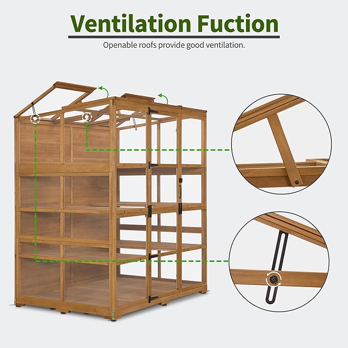 Macrout Wooden Walk-in Greenhouse with Acrylic Panels, Large Greenhouse Outdoor with Openable Roof Vents with Lockable Door, G976