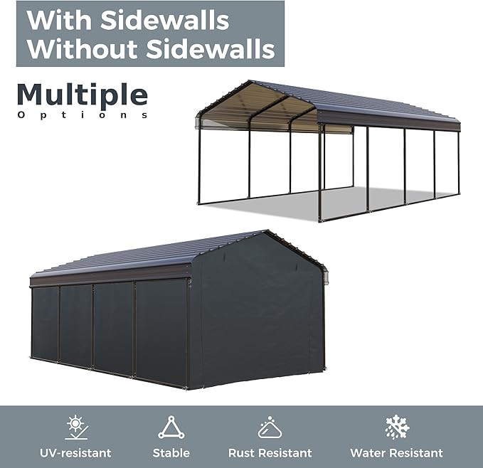 GREEN PARTY 12 x 20 ft Metal Carport Kits with Galvanized Steel Roof & Removable Sidewalls, Heavy Duty Metal Carport Canopy, Outdoor Car Tent Metal Garage Shelter for Car, SUV, Truck and Boats, Grey
