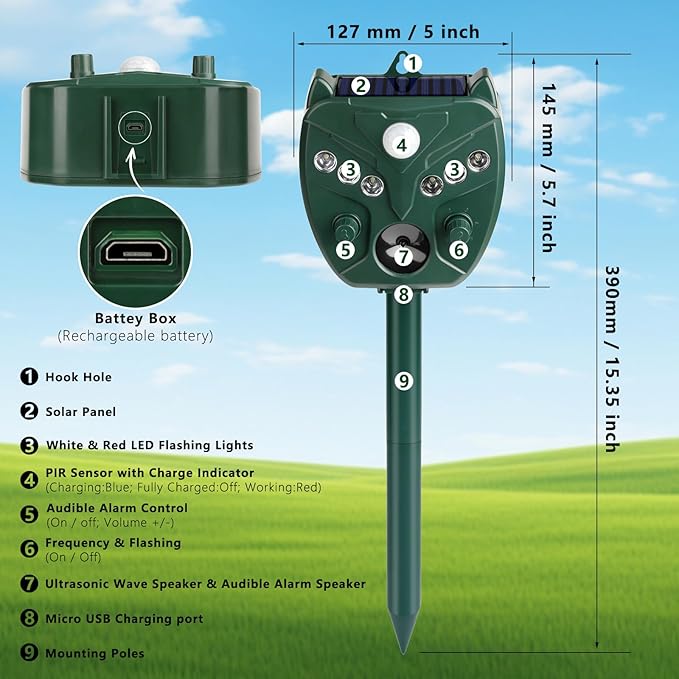 2 Pack 2025 Ultrasonic Animal Repellent Outdoor Deer Repellent Devices Solar Animal Repeller Motion Activated Deterrent to Scare Cat Squirrel Rabbit Raccoon Skunk with LED Flash Lights for Yard Lawn
