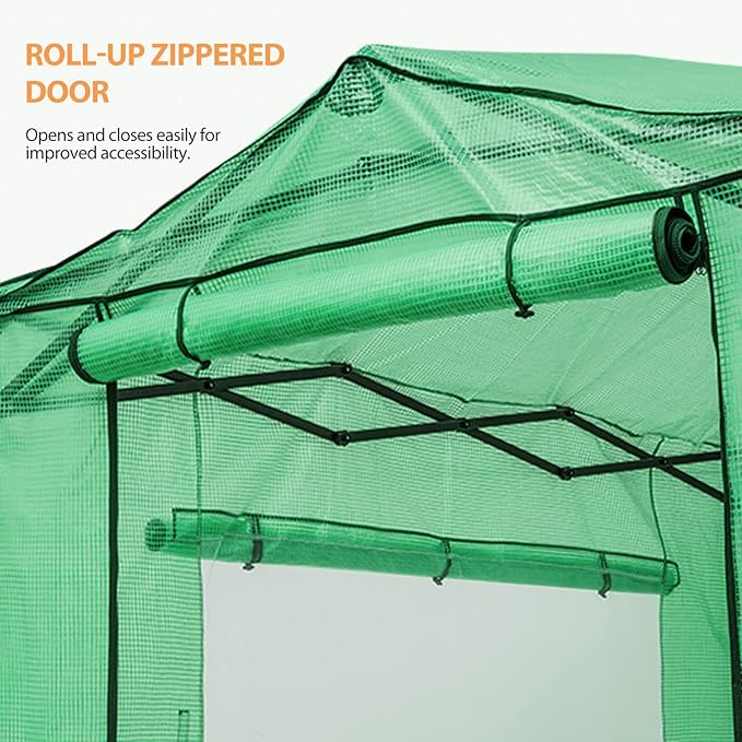 EAGLE PEAK Replacement Cover for 8x6 Portable Walk-in Pop up Greenhouse, Front and Rear Roll-Up Zipper Entry Doors and 2 Large Roll-Up Side Windows (Frame Not Included), Green