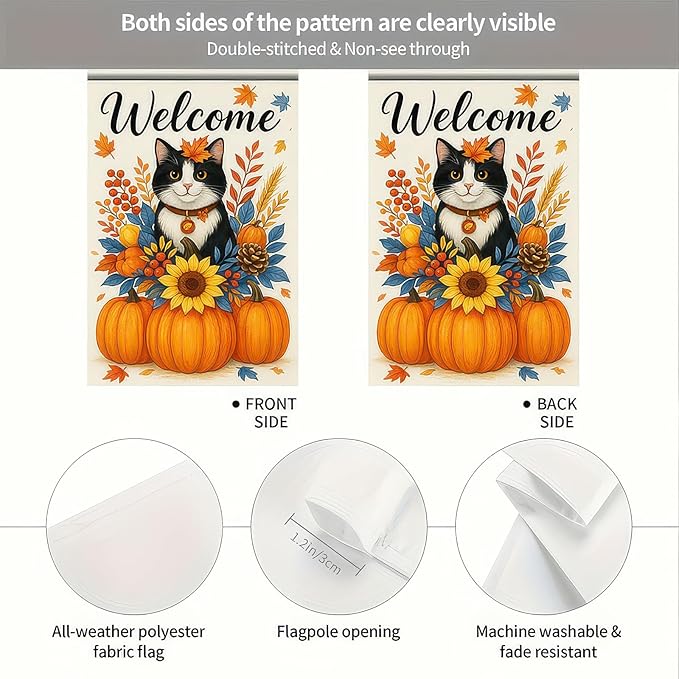 Thanksgiving Fall Garden Flag 12x18 Inch Welcome Cat with Pumpkins Outdoor Flag Double Sided Autumn Kitten Yard Banner with Sunflower Floral Decor for Porch Lawn Patio
