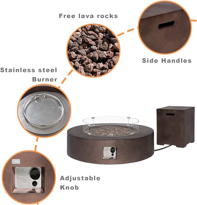 COSIEST 2-Piece Outdoor Propane Firepit Table Set w Tank Table, 42 inch Dark Fire Table CSA Certified, 50,000 BTU w Bronze Round Base,Wind Guard and 16 inches Tank Side Table 20lb for Garden,Pool