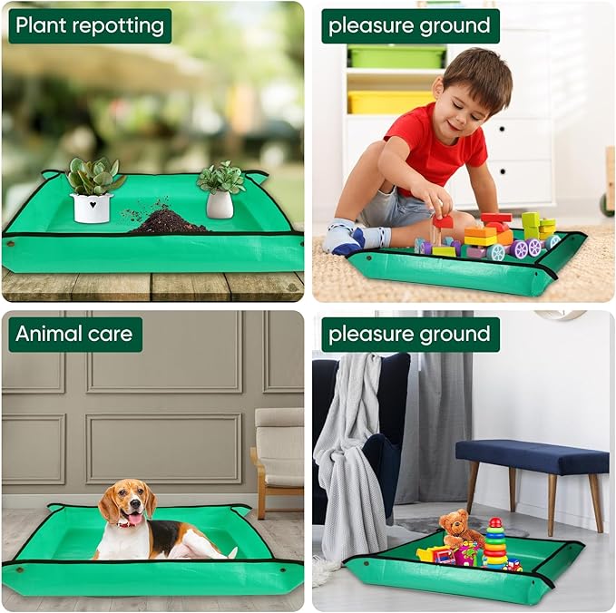 HKZ Repotting Mat for Indoor Plant - 43.5'' x 29.5'' Planting Soil Mess Control, Portable Succulent Planting Potting Tray Waterproof Gardening Bonsai Tools Transplanting Mat (Pale Green)