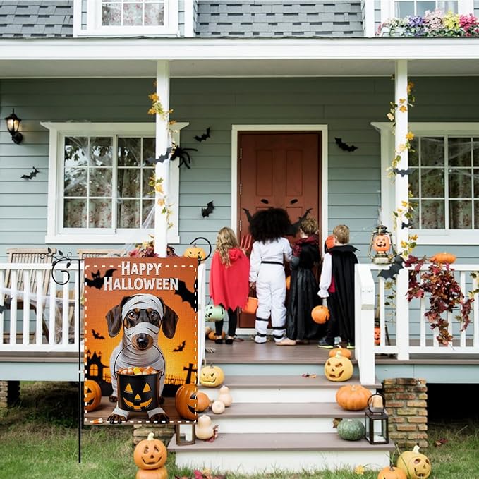 Fokongna Happy Halloween Dog Garden Flag, Halloween Pumpkin Yard Decor Flag, 12x18 Inch Burlap Vertical Double Sided Flags, for Home Yard Outside Decorations