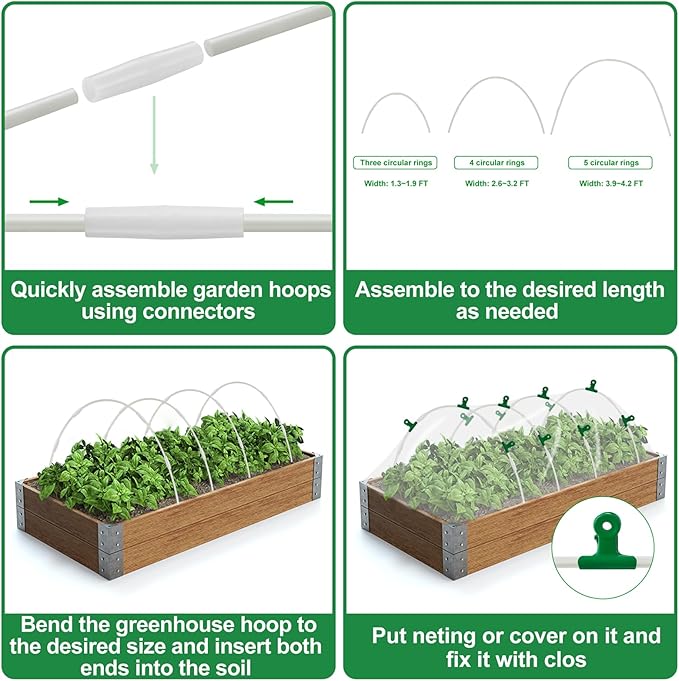 60 Pcs Garden Hoops for Raised Beds, 12 Sets Rust-Free Fiberglass Greenhouse Hoops - Grow Tunnel Kit for Plant Support, Row Covers, Netting, and Low Tunnel Hoops, Perfect for DIY Garden Projects