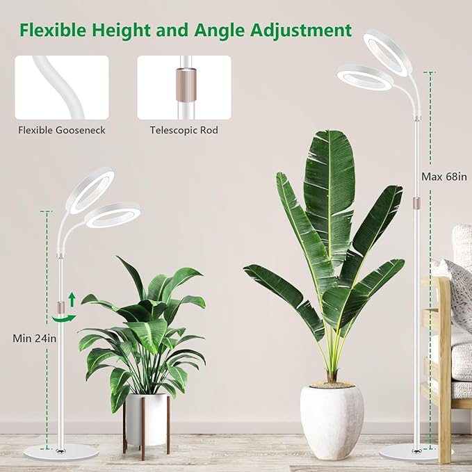 Large Plant Light for Indoor Plants, 2 Head Full Spectrum Grow Light with 68" Adjustable Stand for Growing Large Tall Plants, White Halo Floor LED Grow Lamp with 16 Hour Timer