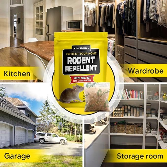 Rodent Repellent Pouches, Mice Repellent Indoor and Outdoor, Rat Repellent for House, Mouse Repellent, Outdoor Rat Deterrent, Extra-Strength 3 Months Protection, Naturally and Safely-12P