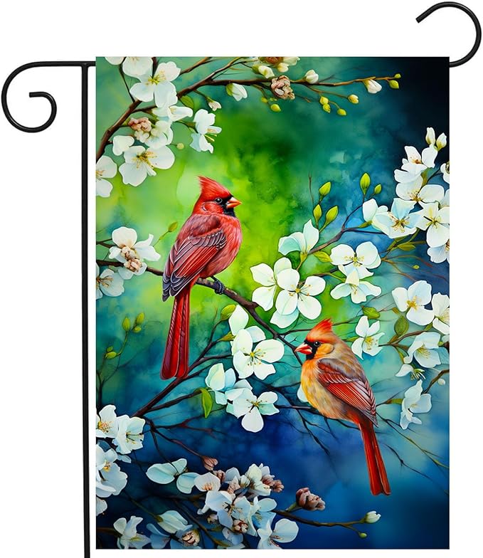 Spring Summer Cardinal Birds Garden Flags for Outside Birds Outdoor Flags Decorative 12x18 Double Sided Floral Welcome Yard Flag Small Red Bird Flag Dogwood Flower Decor