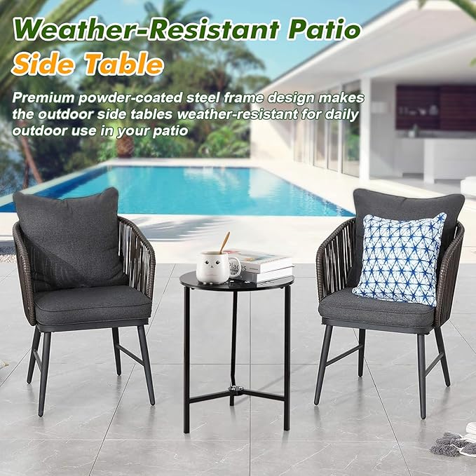 2 Packs 13" Metal Outdoor Side Tables Small Black Outside End Table for Patio Round Accent Corner Stand for Small Spaces Weather-Resistant Coffee Table for Balcony Porch Plant Stand, Starlight