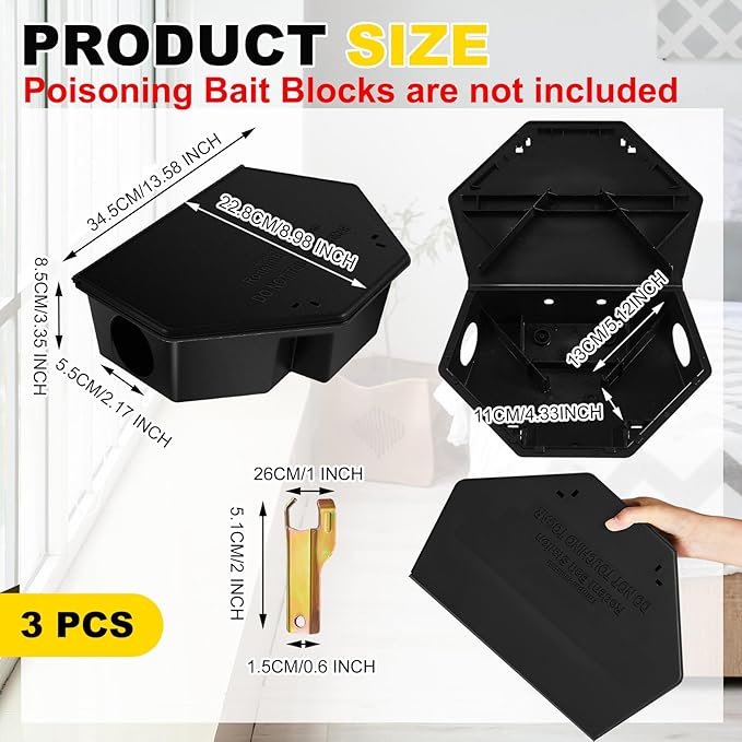 Qualirey 3 Pcs Rat Bait Station with Keys 13.58 x 8.98 x 3.35 Inch Rodent Station Rat Traps, Keeps Children and Pets Safe Indoor and Outdoor, Bait Not Included (Black)