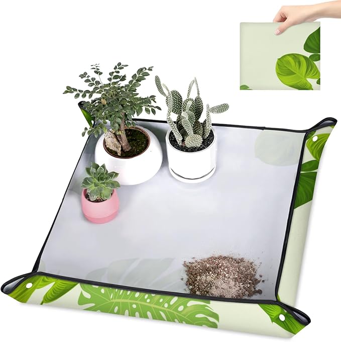 Palm Leaves Foldable Garden Hand Transplanting Succulent Tools,Waterproof Thickened Repotting Mat Plant Tag, Miniature Planting Indoor Fairy Care,Potting,Cactus,Houseplant Bonsai Tool Kit Gift