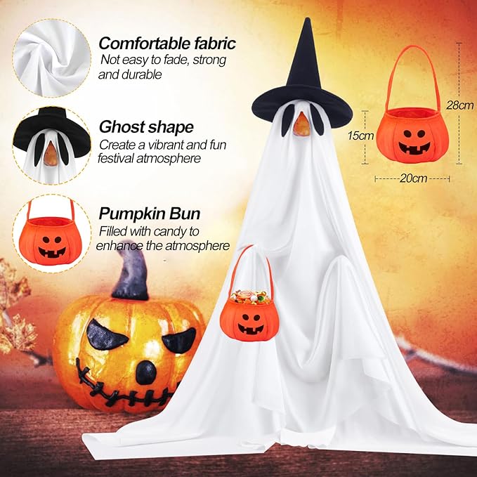 4 Pcs Halloween Porch Goose Outfits Ghost with Accessories Yard Garden Lawn Goose Clothes for Plastic Cement Goose Statue 23" Fall Ghost Porch Goose Costume Set for Patio Outdoor Decoration