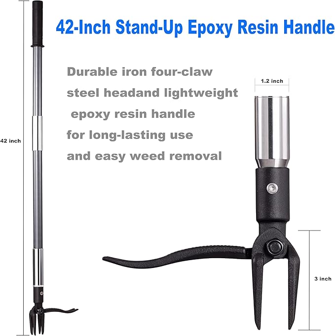 Hand Weed Puller Stand Up Weed Puller Tool with Epoxy Resin Long Handle 4-Claw Steel Head,2-Section Design Sturdy Garden Tools-Easily Remove Weeds Without Bending, Pulling,or Kneeling