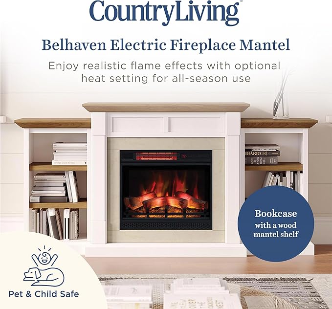 Country Living Belhaven 74 Inch Bookcase Mantel Package | 23 Inch Electric Fireplace Insert Heater with Remote | Warm Walnut Shelving | Marble or White Trim | Multi-Color Flames