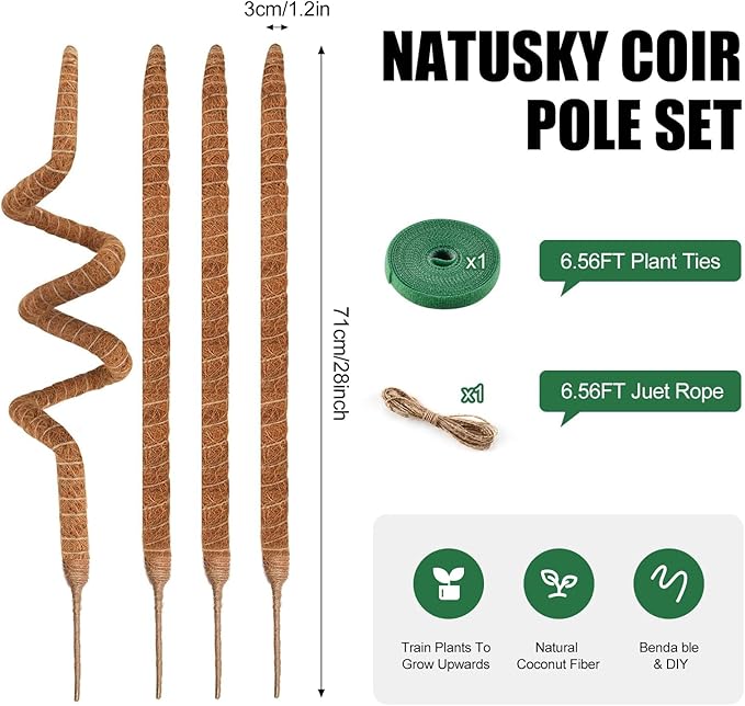 NATSUKY 4 Pack Moss Pole, 28 Inch Bendable Moss Poles for Plants Monstera for Climbing Plants, Handmade Coco Coir Pole Plant Sticks Support Stakes for Indoor Plants Plant Grow