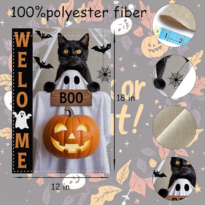 Fokongna Halloween Black Cat Welcome Flags, Interesting Halloween Decor Pumpkin Bat Cat Boo Garden Flag, 12x18 Inch Burlap Vertical Double Sided Flags, for Home Yard Outside Decorations