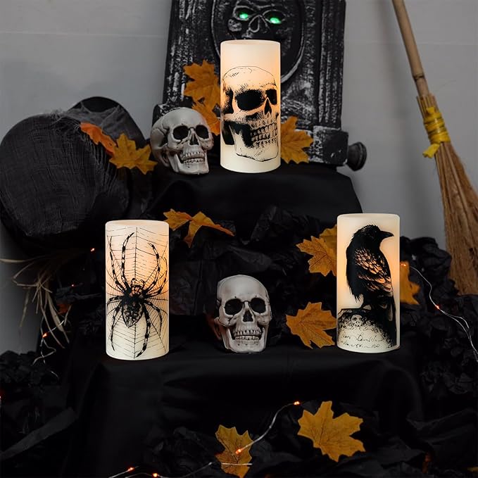 Eldnacele Halloween Flameless Candles with Skull,Spider Web, Crow Raven Decal, Rechargeable Battery Operated Cycle Timer Halloween Themed LED Real Wax Ivory Candles Spooky Decor(3pcs,D3×H6)