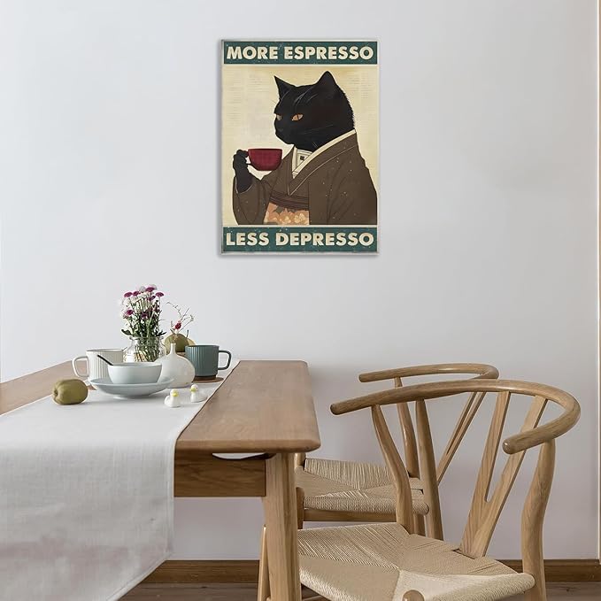 Black Cat Coffee Canvas Framed Wall Art Print, Funny Animal Picture Painting, 11.5x15 inches, Wall decor for Living Room, Bedroom, Bathroom
