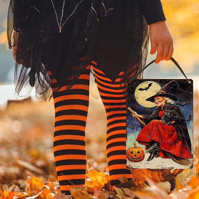 Witch Flying Broom Vintage Sign Halloween Cat Metal Tin Sign Full Moon Bat Pumpkin Poster 12x16inch