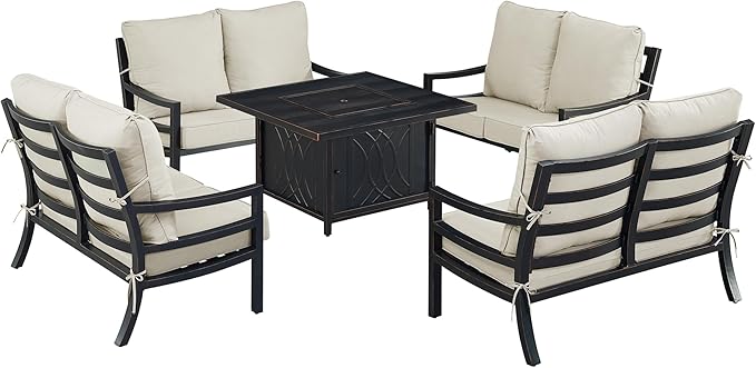 Oakland Living Black Aluminum Patio Fire Table Set with Four Deep Seating Loveseat with Cushions with Light Grey Cushions