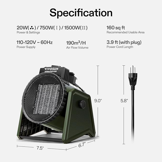 VIVOSUN Portable Greenhouse Heater, 1500W/750W Electric Heater, 3 Modes for Fast Heating, Overheat Protection, Dustproof Design for Grow Tents, Patios & Outdoors