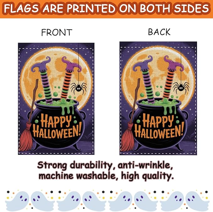 Fokongna Halloween Garden Flag, Happy Halloween Witch Feet Garden Flag, 12x18 Inch Burlap Vertical Double Sided Flags, for Home Yard Outside Decorations