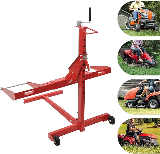 Riding Lawn Mower Lift 750lb Capacity Adjustable Wheel Span Solid Carbon Steel Lawn Mower Lift with 2 Wheels Lawn Mower Lift for Tractors and Zero Turn Lawn Mowers (Red)