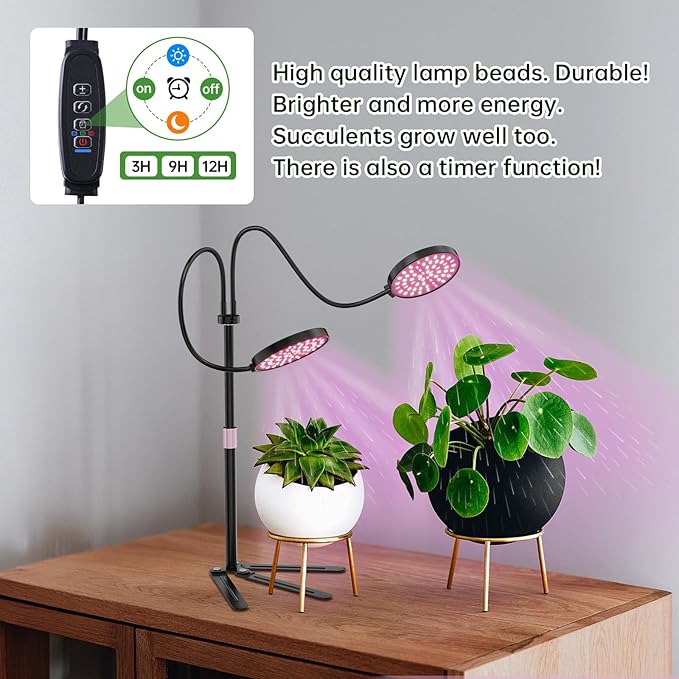 Super-Energy Tabletop LED Grow Lights 9.8"-32"Height Adjustable for Indoor Small/Medium Plants 6000K Full Spectrum with 3 Dimmable Model, Auto On Off Timing 3 9 12Hrs, 5 Brightness(Puck Black)