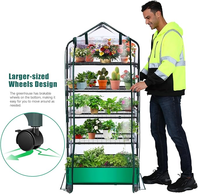 5 Tier Mini Greenhouse with Wheels for Indoor Outdoor, Portable Green House with PVC Cover and Shelves for Seedling, Greenhouse with Waterproof Mat and Cover Tape, Gardening Gifts for Women Men