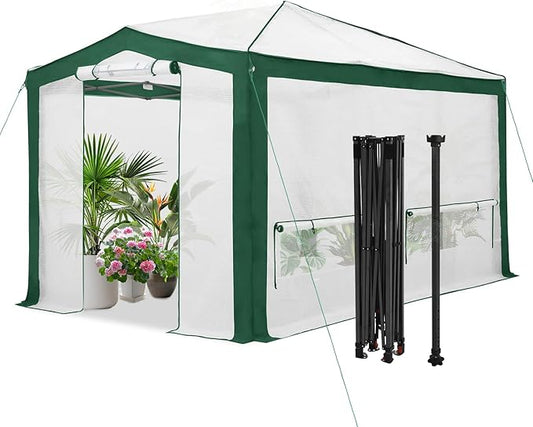 EAGLE PEAK 12x8 Portable Walk in Greenhouse with Polyester Reinforced Corners, Instant Pop up Indoor Outdoor Gardening Green House, Roll Up Zipper Entry Doors and Mesh Windows, Green/White