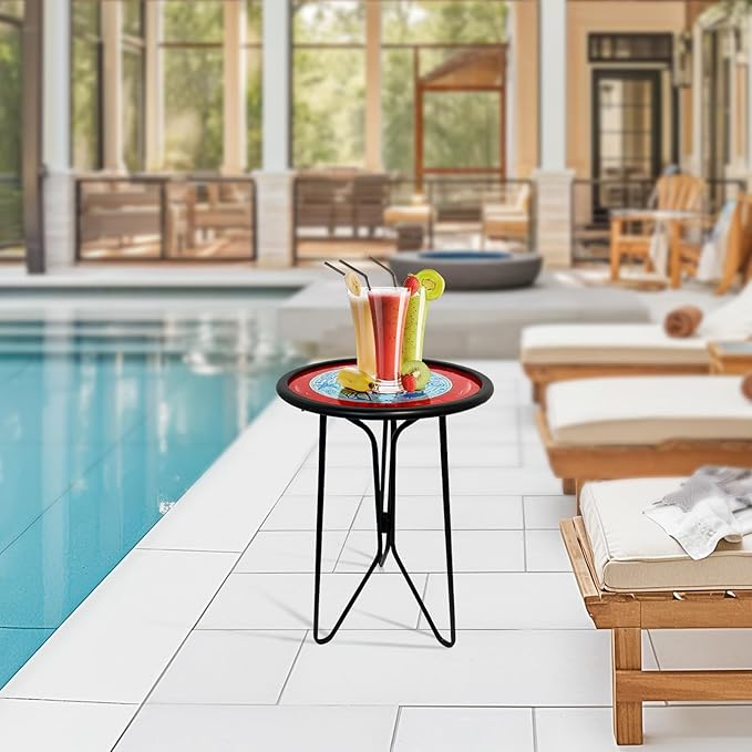 LIFFY Outdoor Side Tables, 12" Coffee Table Small Patio Table, Indoor Small Round Home Decorative End Table, Plant Stands Table Outside, for Yard Balcony Garden Bedside Pool Beach（Metal & Glass,Red）