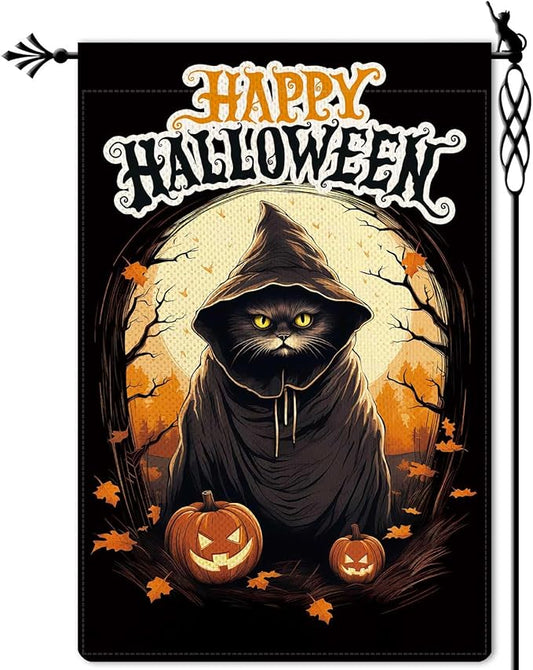 Happy Halloween Garden Flag Black Wizard Cat Flag Ghost Pumpkin Vertical Double Sided Rustic Farmland Burlap Yard Lawn Outdoor Decor 12.5x18"