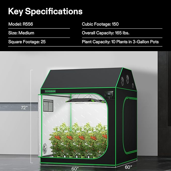 VIVOSUN R556 5x5 Grow Tent, 60"x60"x72" Roof Cube Tent with Observation Window and Floor Tray for Hydroponics Indoor Plant for VSF6450