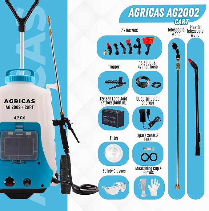 4.2 Gallon Battery Powered Sprayer with Cart - Wheeled Cart Sprayer for Lawn & Garden with Adjustable Nozzles and Backpack, High-Pressure Spray Hose for Weeding and Cleaning